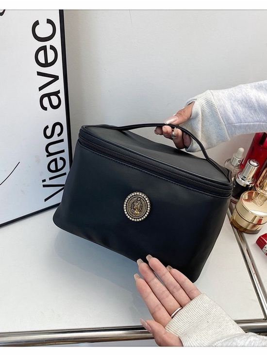 None Handbags - Elegant Black Women's Vanity Bag with Decorative Medallion